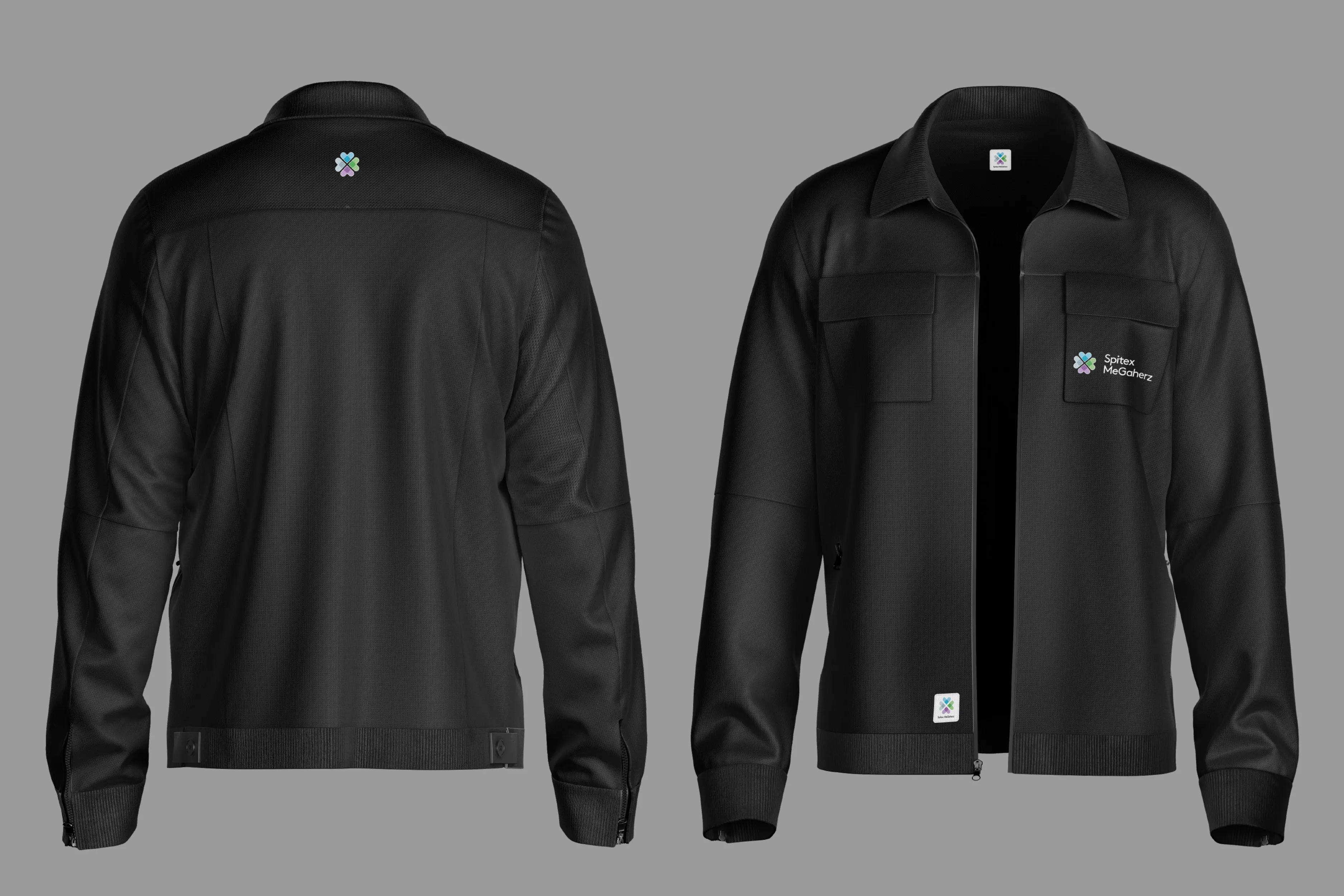 Spitex MeGaherz workwear-style jacket, black, front and back, on mannequin
